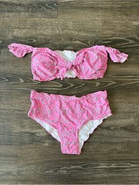 New Pink Floral Knot padded Bandeau Bikini Set